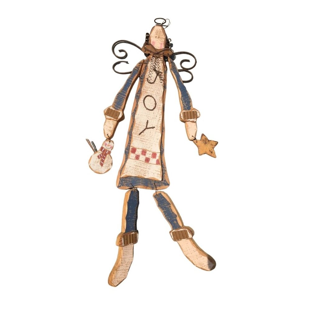 Wooden Wall Hanging Home Decor Christmas Angel that says "JOY" Holding Snowman